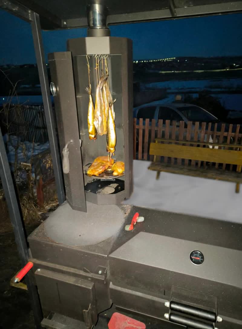 Мангал-печь-гриль Grillver Искандер 360 Инклайн Эйр с коптильней MG и с крышкой гриль с решеткой из нержавеющей стали