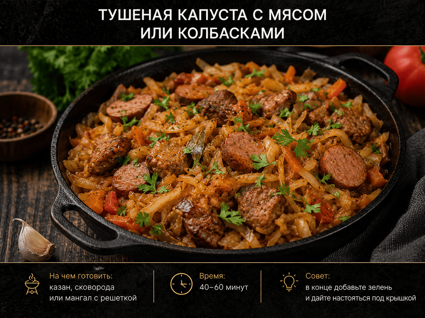 Что приготовить в казане: Тушеная капуста с мясом или колбасками
