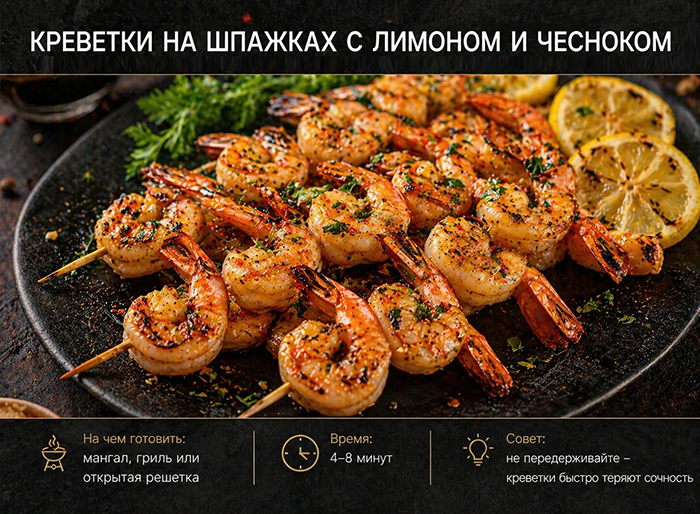 ТОП необычных блюд на мангале и гриле: Креветки на шпажках с лимоном и чесноком