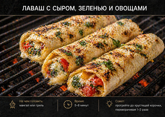 ТОП необычных блюд на мангале и гриле: Лаваш с сыром, зеленью и овощами