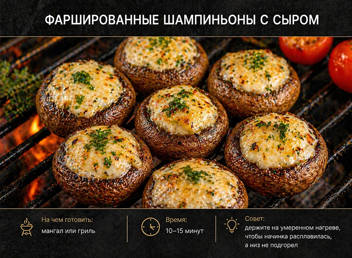 ТОП необычных блюд на мангале и гриле: Фаршированные шампиньоны с сыром
