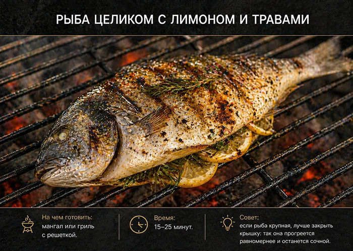 ТОП необычных блюд на мангале и гриле: Рыба целиком с лимоном и травами